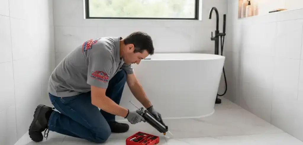 Technician sealing and finishing a new tub installation