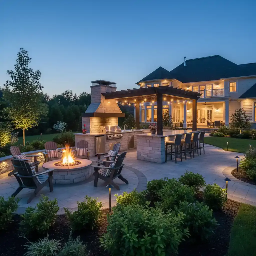 A beautifully designed backyard with an outdoor kitchen and fire pit.