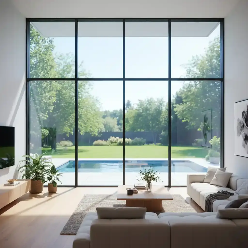 A living room with large energy efficient windows overlooking a sunny backyard.