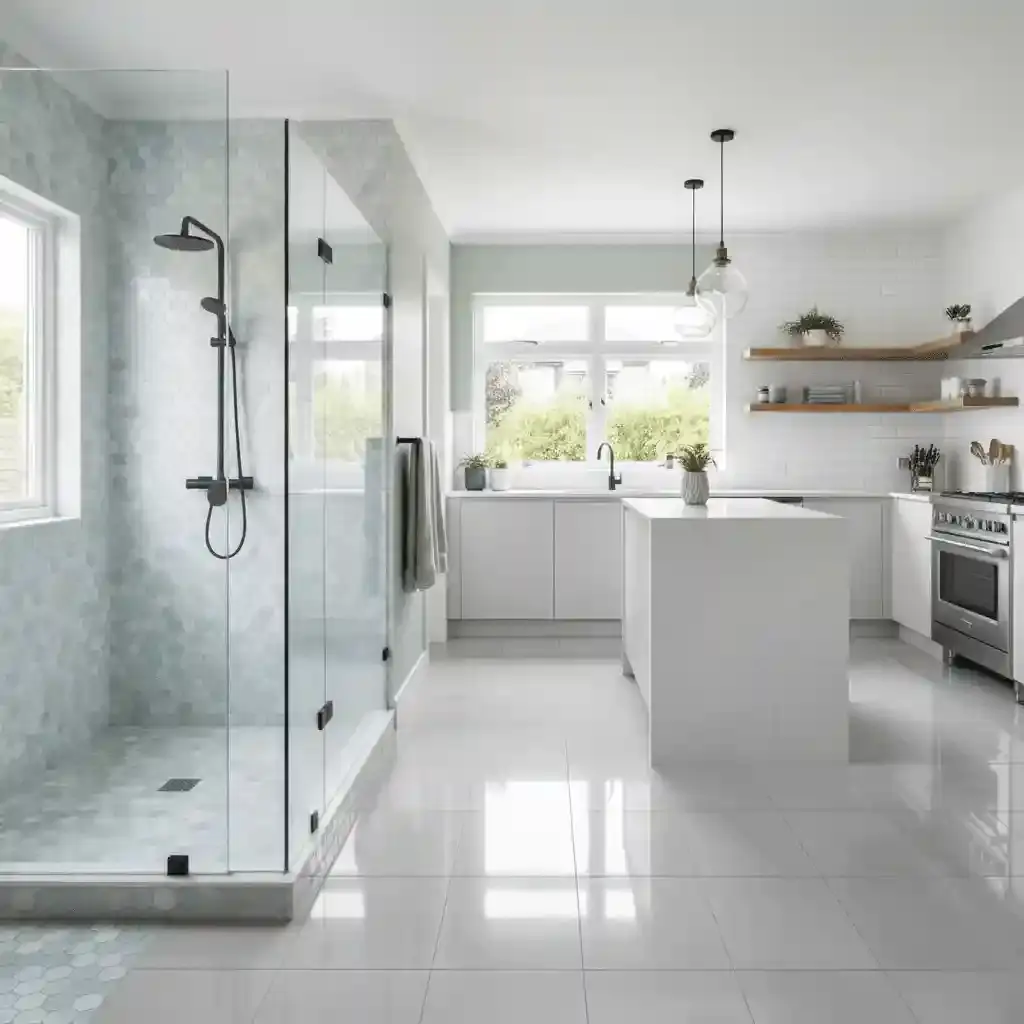 Tile flooring in a kitchen or bathroom with modern shelving and fixtures.