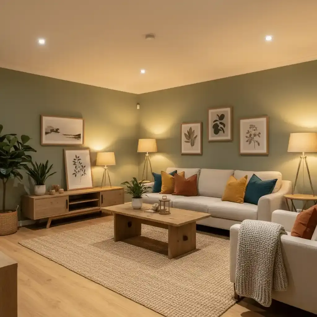 living room with sage green walls and warm lighting.