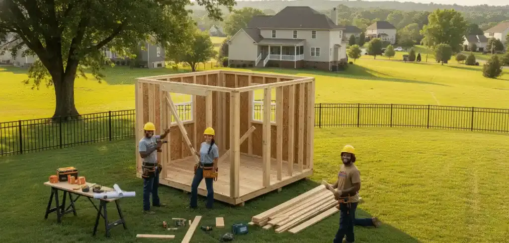Construction team assembling a shed foundation and framing on a residential property.
