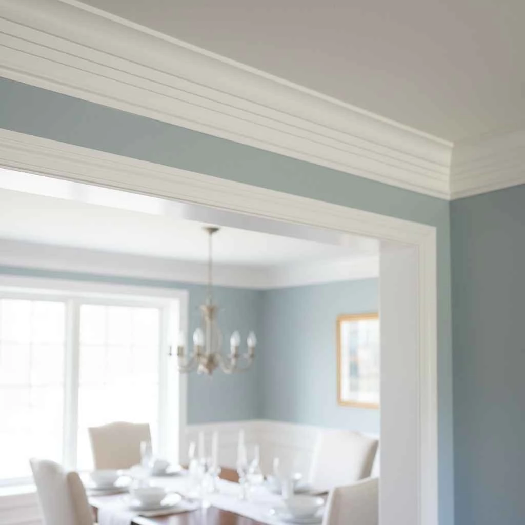 Close-up of freshly installed crown molding in a dining room.