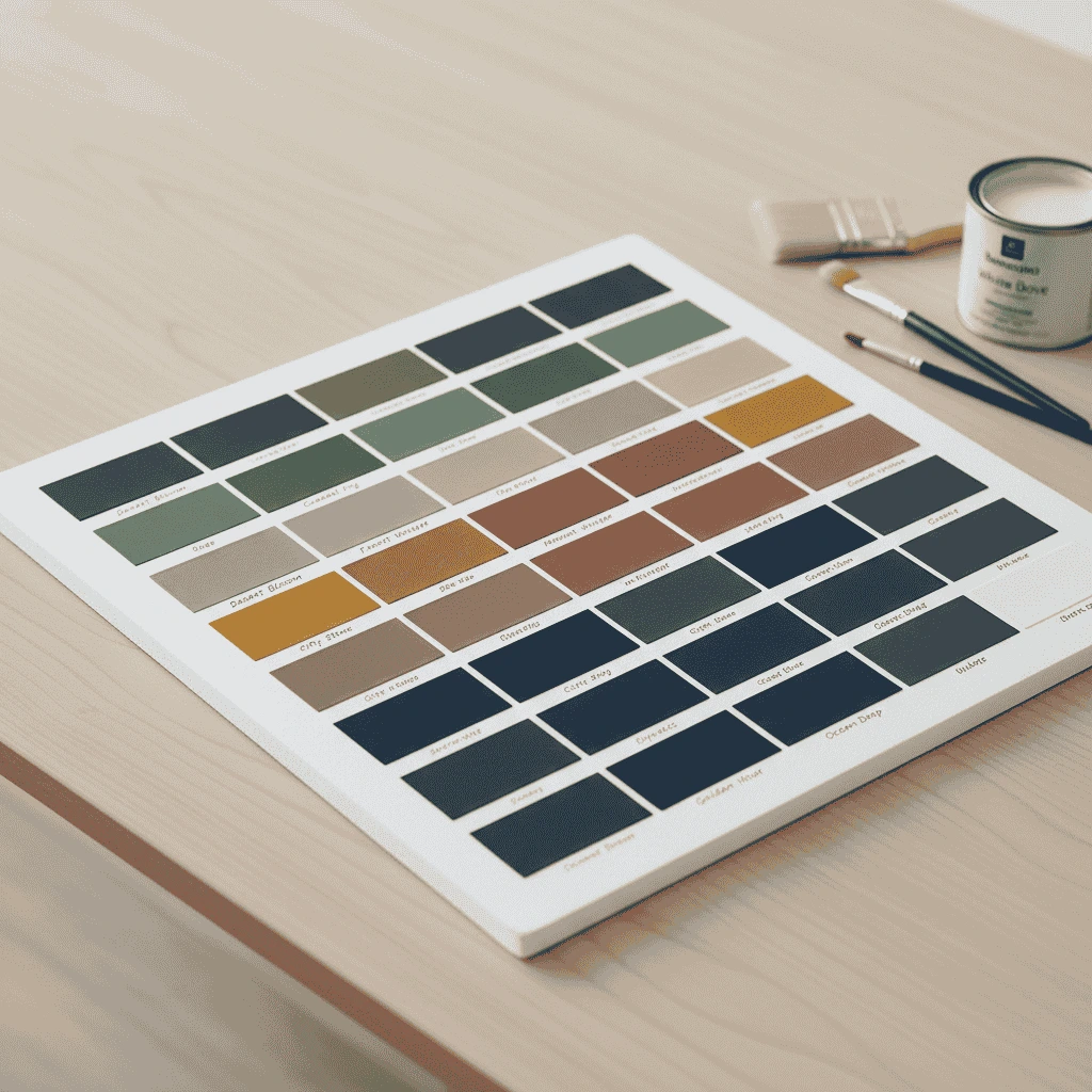 Color palette sample board featuring trending modern paint colors.