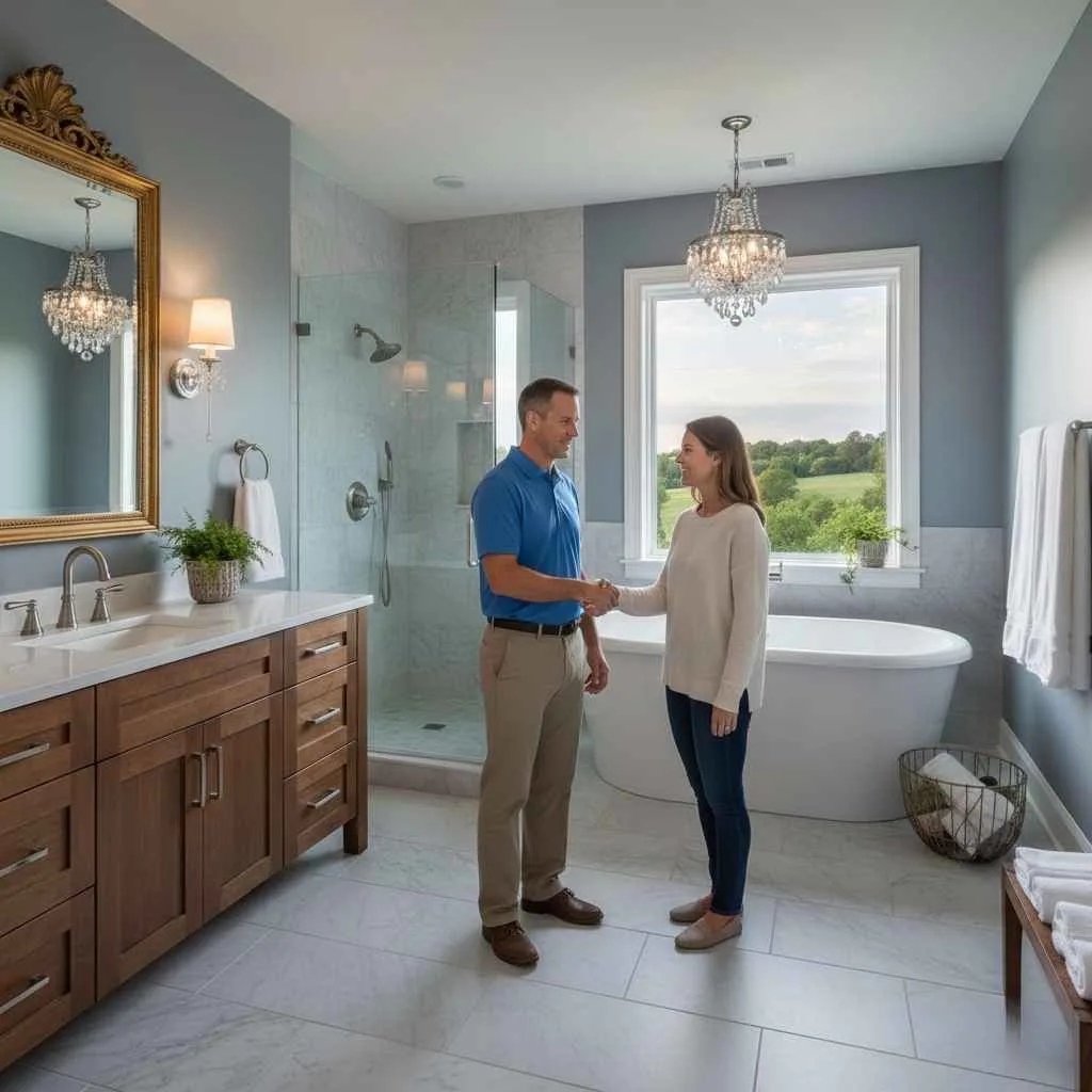 Contractor and homeowner shaking hands in finished bathroom.