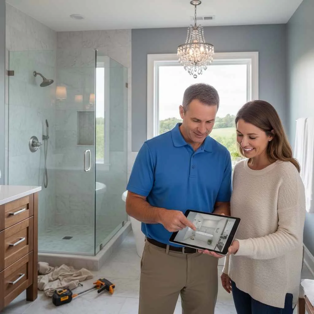  Contractor showing homeowner bathroom design plans on a tablet.