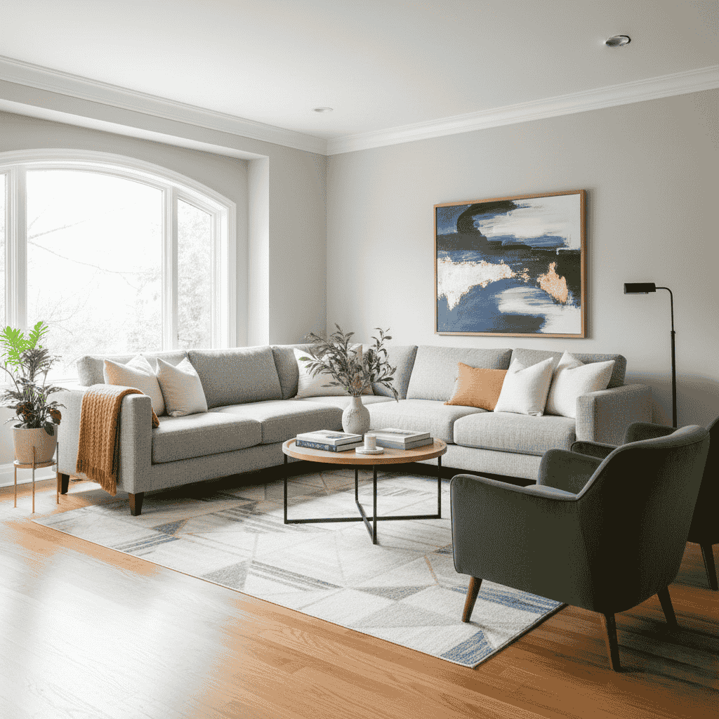 Living room with newly painted walls and crisp white trim.