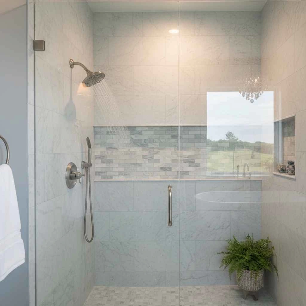 Walk-in shower with rainfall showerhead and decorative tile.