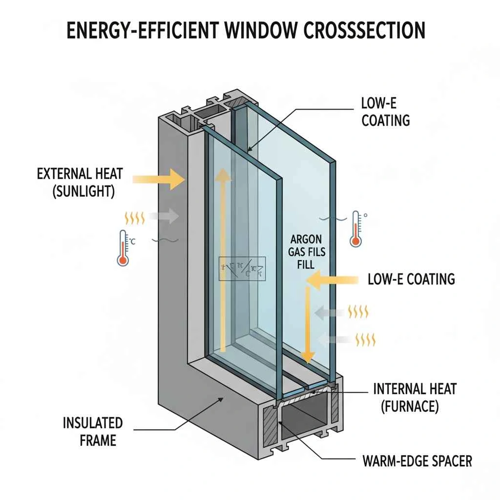 Cross-section diagram of multi-pane energy-efficient window showing gas fill and low-E coating