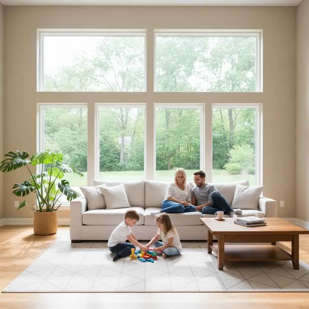 Family relaxing in a bright, comfortable living room with modern windows