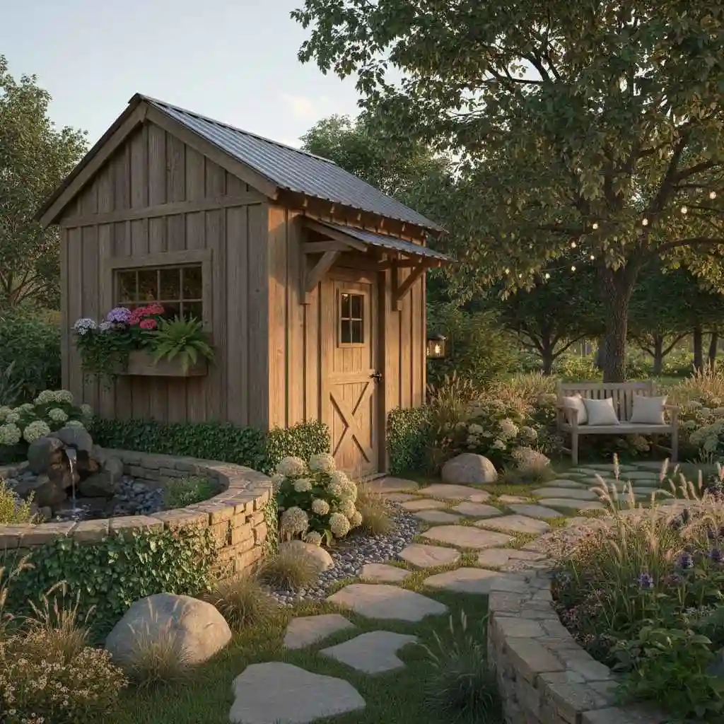 Finished backyard shed integrated into landscaping