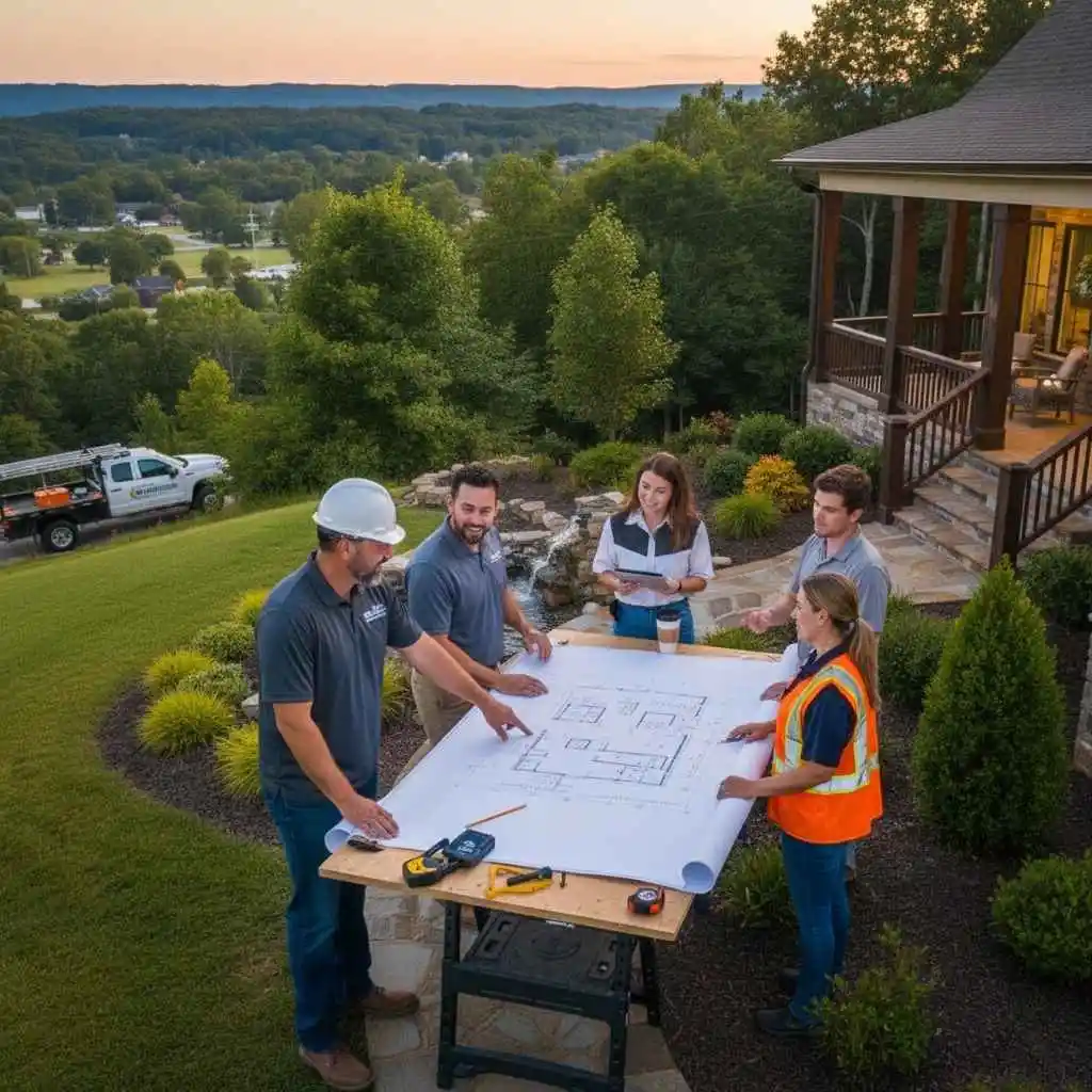  Friendly local remodeling crew on-site reviewing plans.