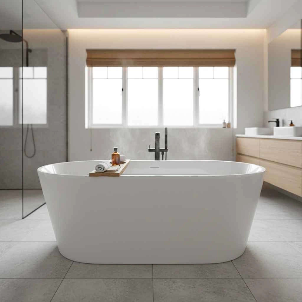 New acrylic soaking tub in modern bathroom