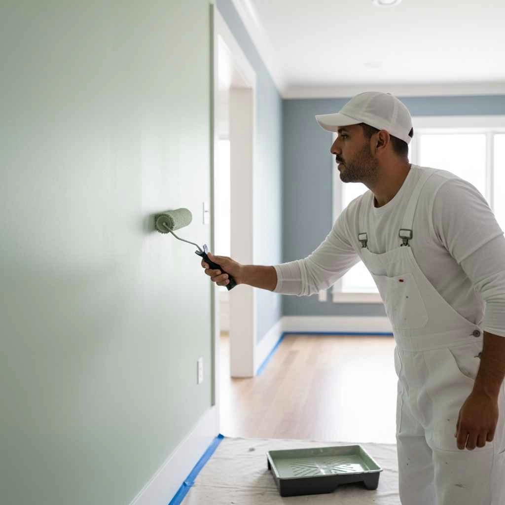 Professional painter applying clean, modern wall color
