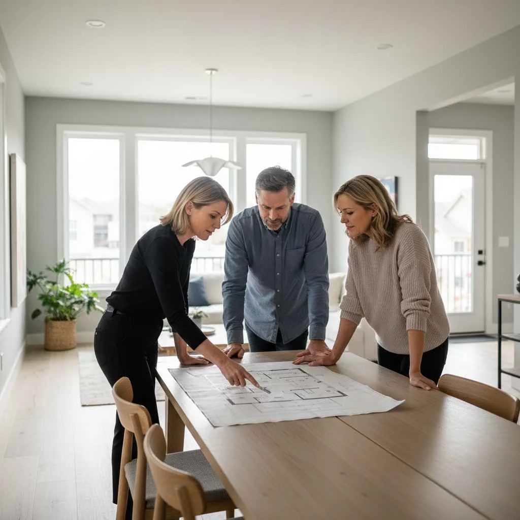 Interior designer reviewing floor plan with clients