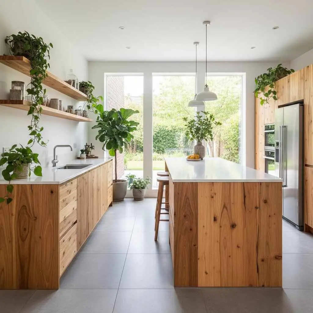 Kitchen with recycled wood cabinets and indoor plants