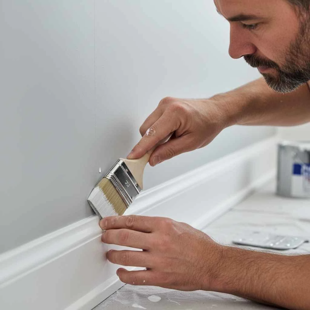 painter carefully cutting trim with precision