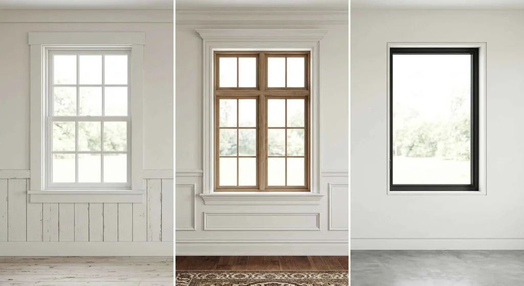 comparing different trim styles such as farmhouse, traditional, and modern.