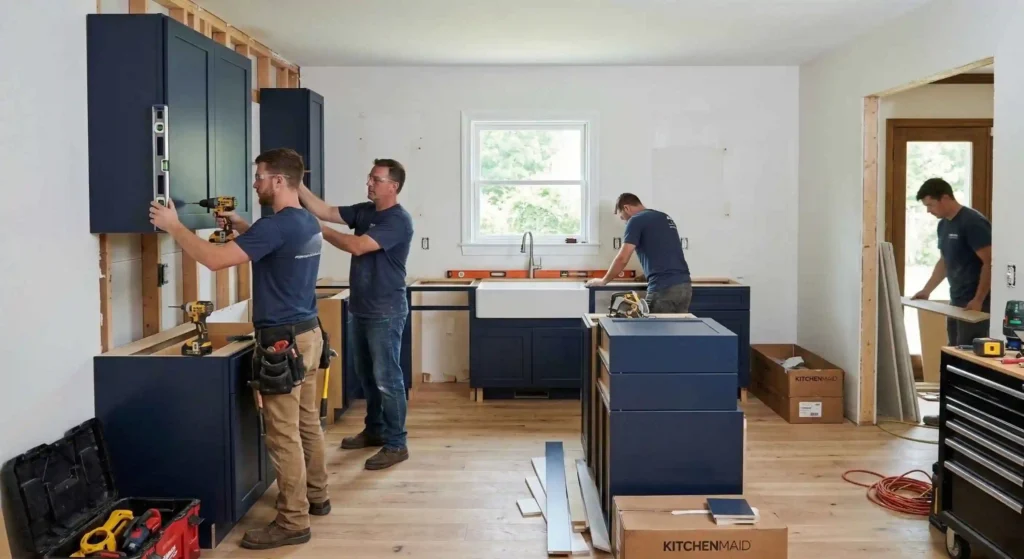 contractors installing kitchen cabinets during remodeling.