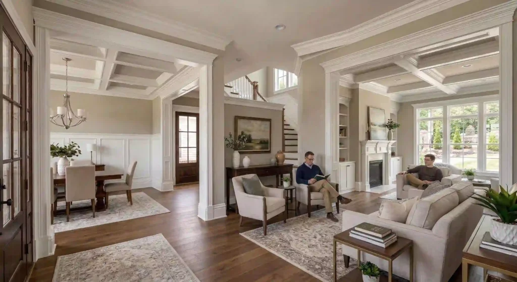 finished living room with baseboards, crown molding, and window trim.