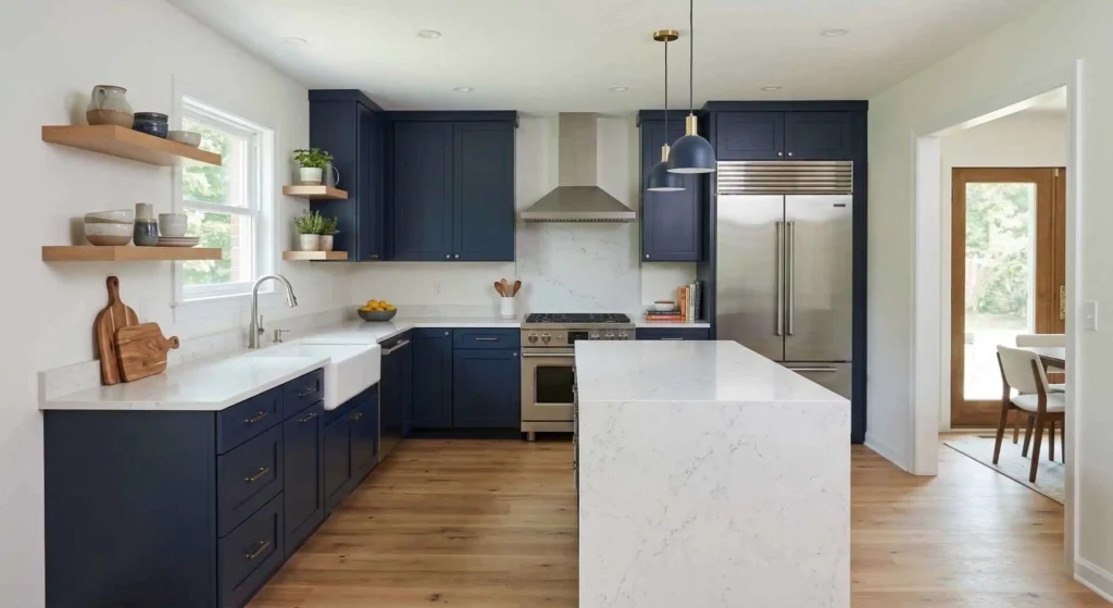 finished modern kitchen with new cabinets and countertops.