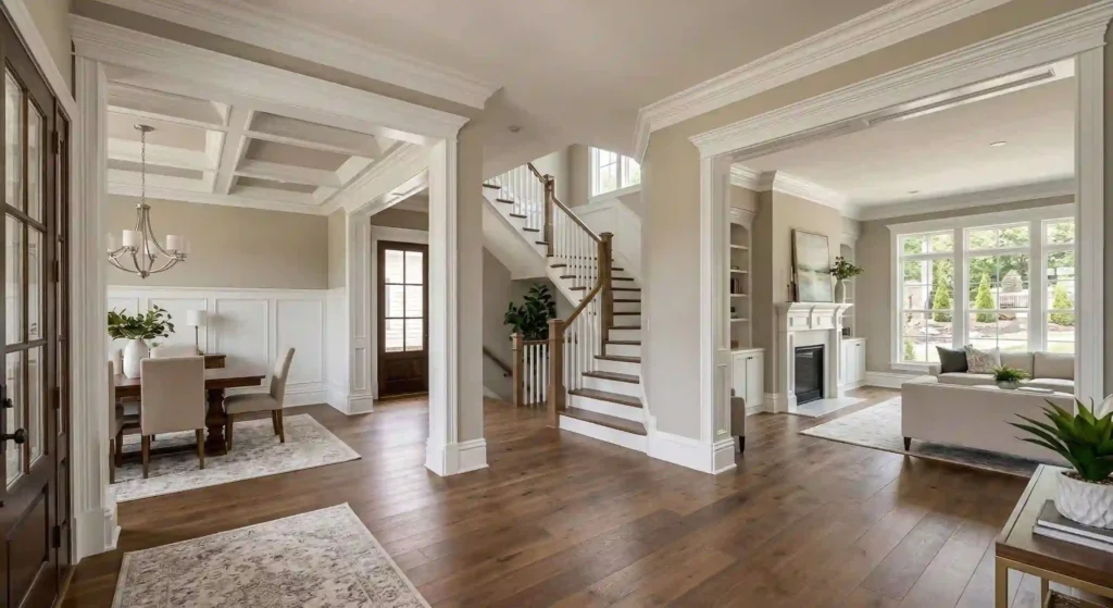 newly built Nashville home interior showing crown molding and baseboards.